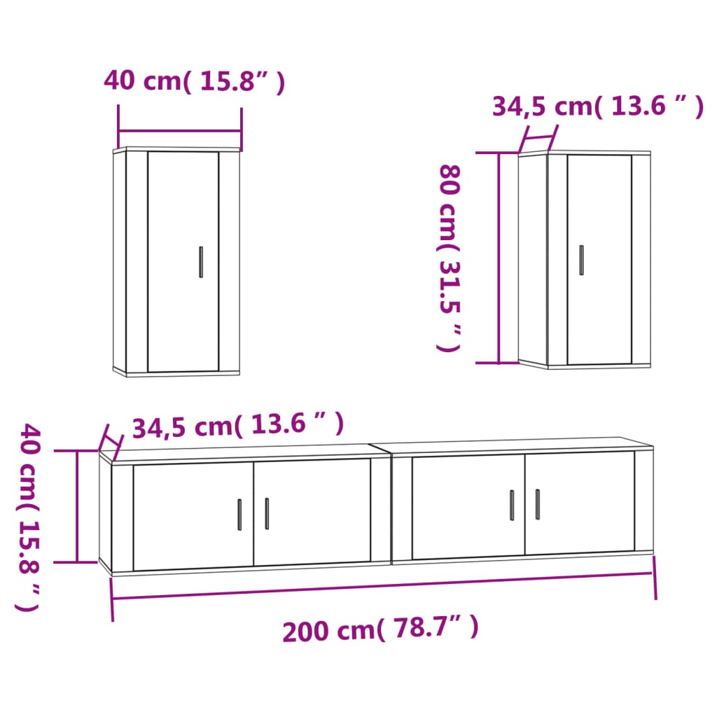 4 pcs conjunto móveis de TV madeira processada branco brilhante