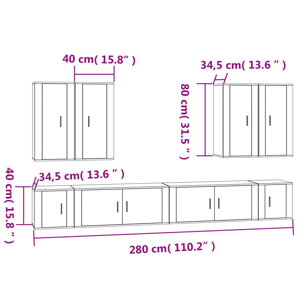 8 pcs conjunto móveis de TV madeira processada branco brilhante