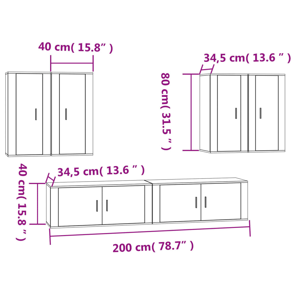 6 pcs conjunto móveis de TV madeira processada branco brilhante