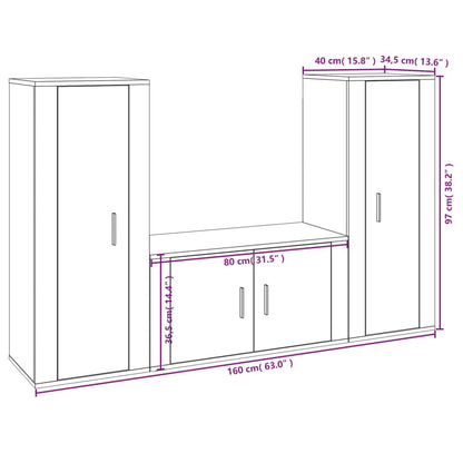 3 pcs conjunto móveis de TV madeira processada branco brilhante