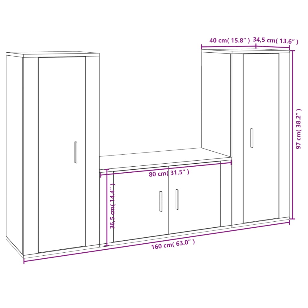 Conjunto móveis de TV 3 pcs madeira processada sonoma cinza