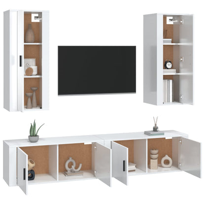 4 pcs conjunto móveis de TV madeira processada branco brilhante