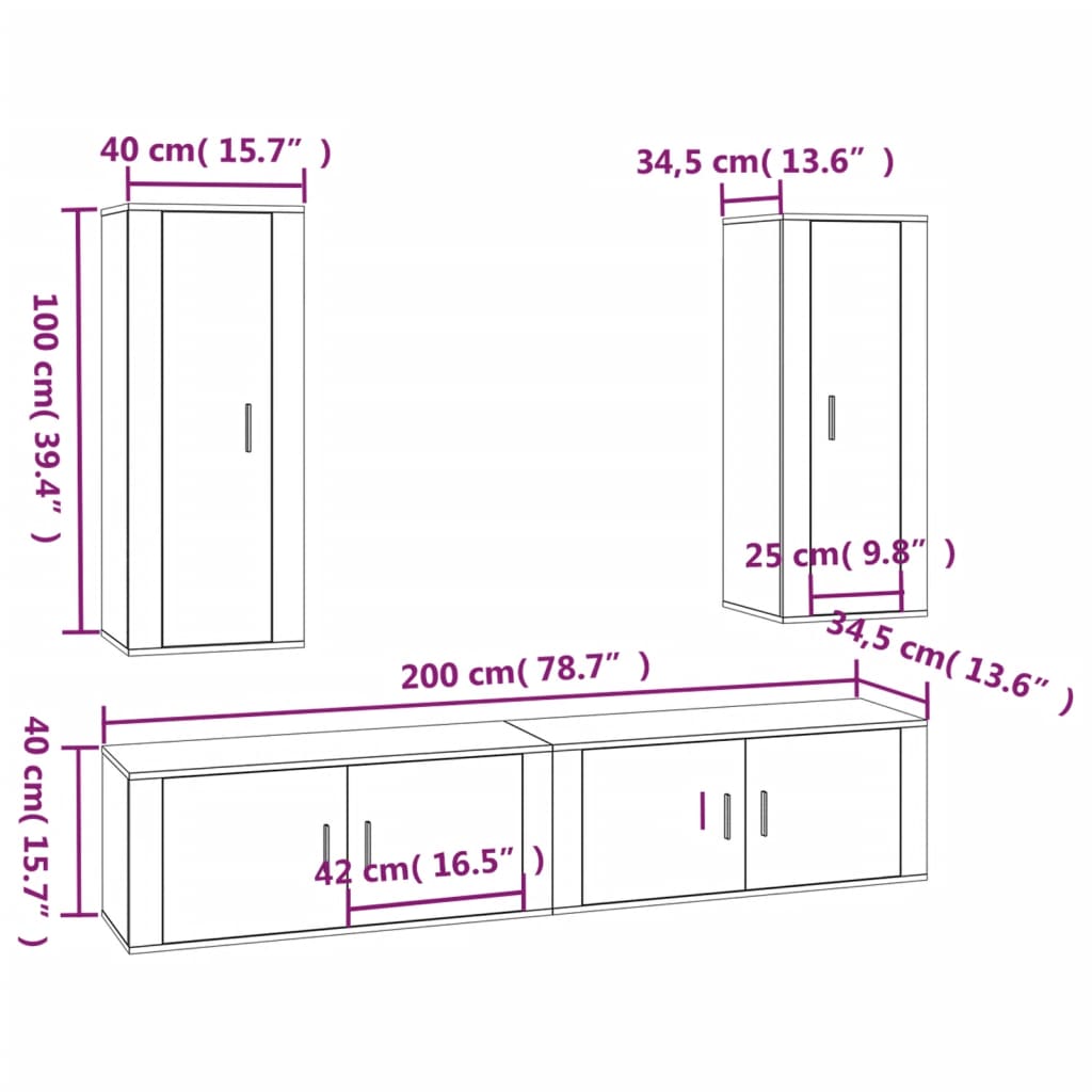 4 pcs conjunto móveis de TV madeira processada branco brilhante