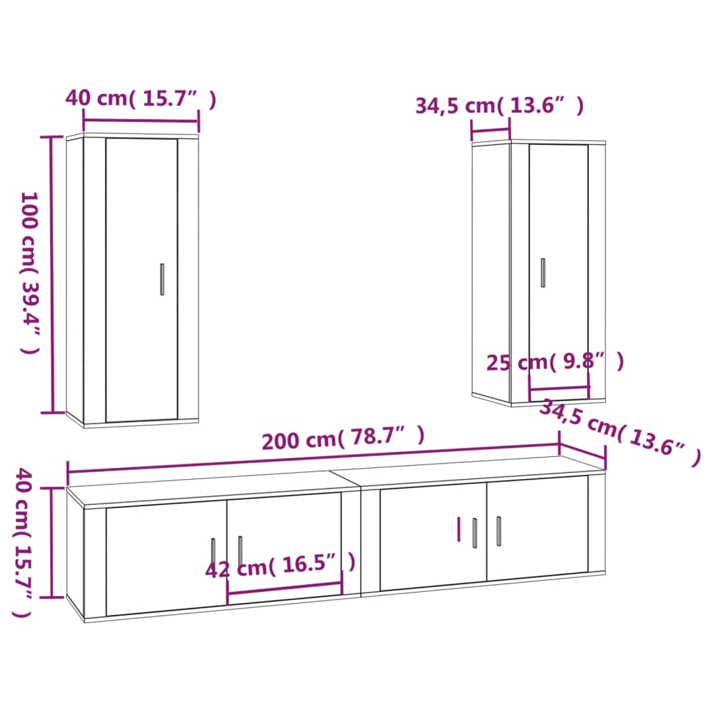 Conjunto móveis de TV 4 pcs madeira processada cinzento cimento