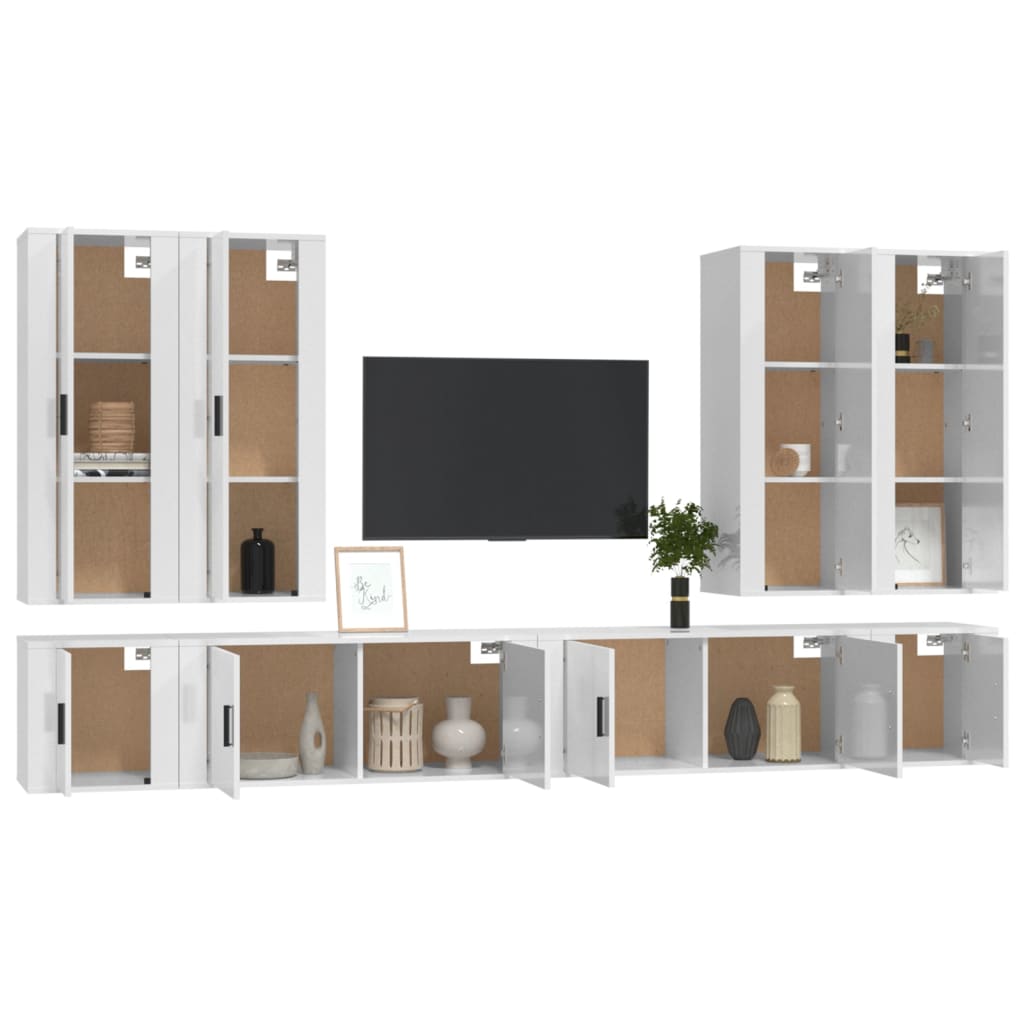 8 pcs conjunto móveis de TV madeira processada branco brilhante