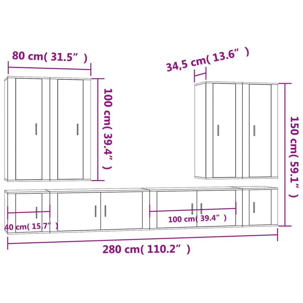 8 pcs conjunto móveis de TV madeira processada branco brilhante