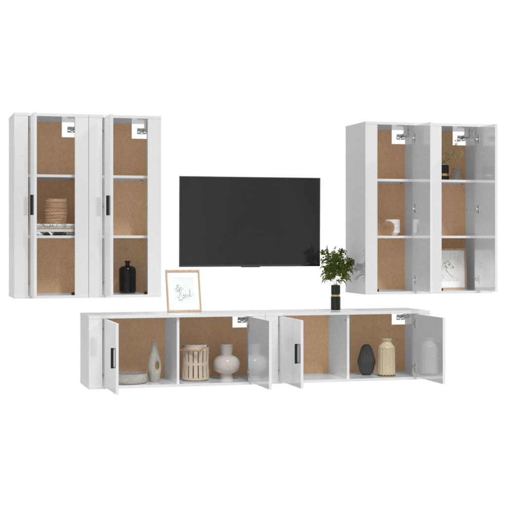 6 pcs conjunto móveis de TV madeira processada branco brilhante