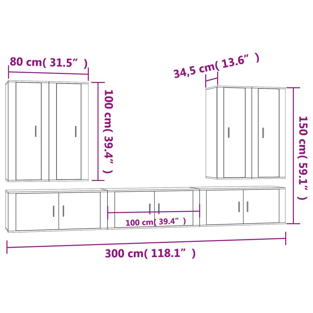 7 pcs conjunto móveis de TV madeira processada branco brilhante