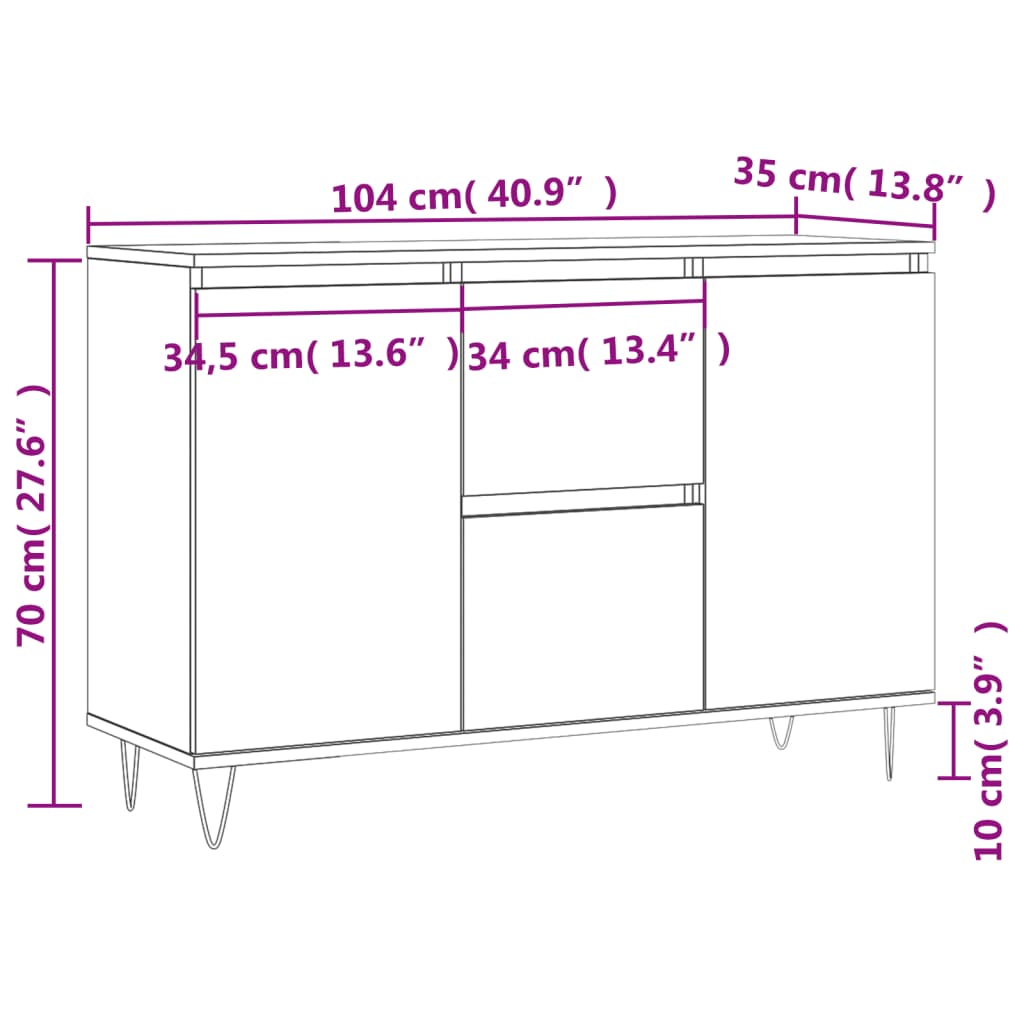 Aparador em contraplacado 104x35x70 cm branco brilhante