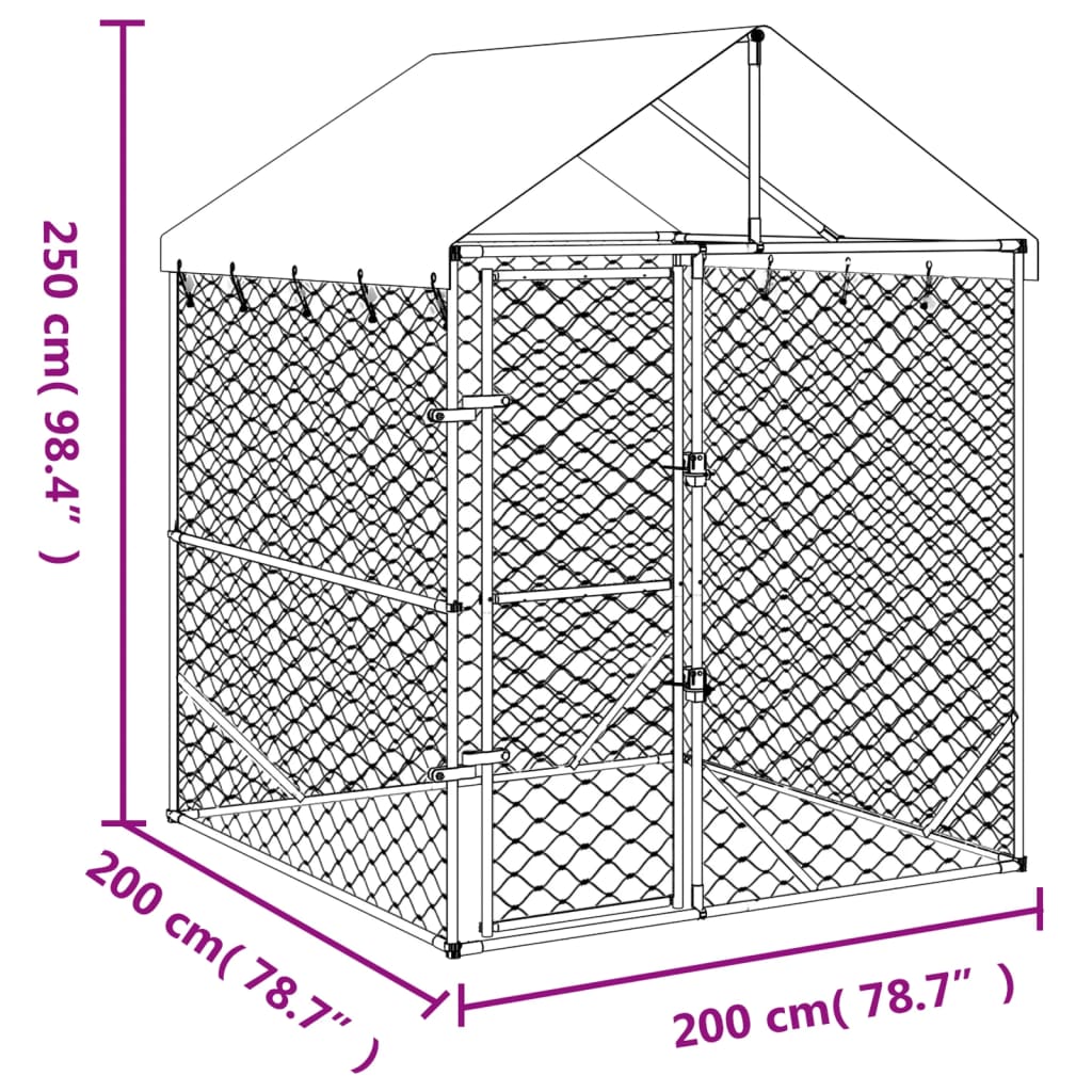 Canil de exterior com teto 2x2x2,5m aço galvanizado prateado