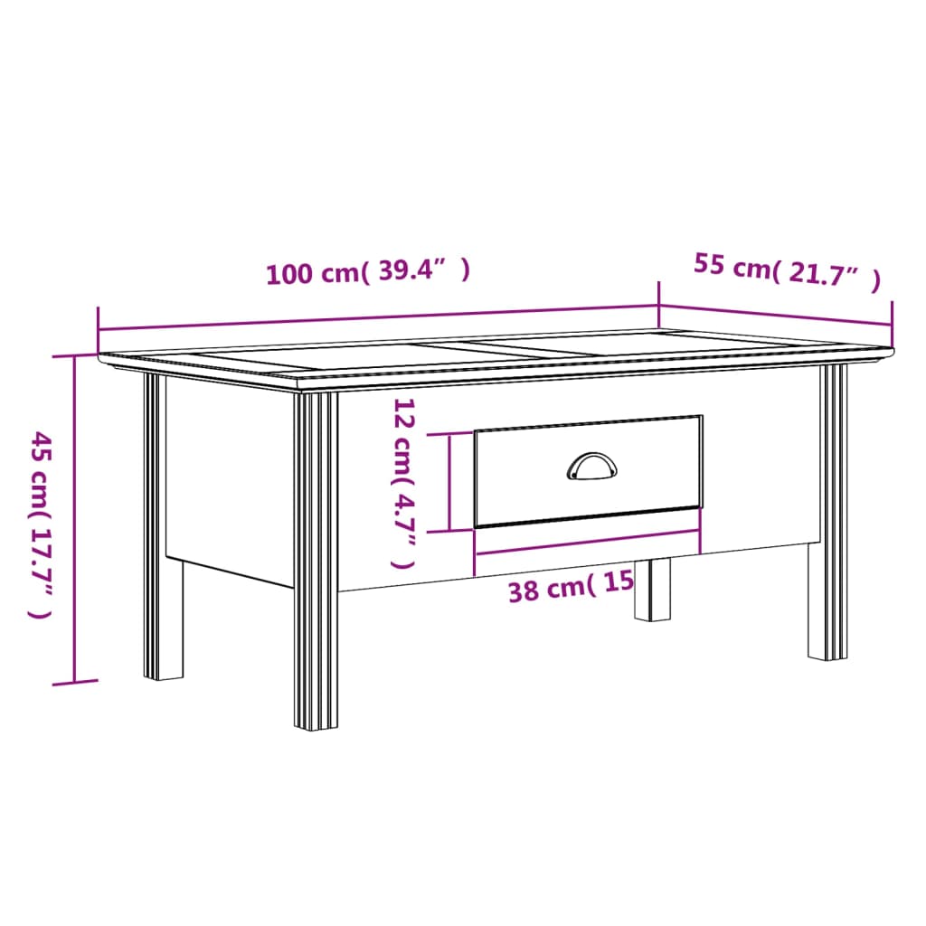 Mesa de centro BODO 100x55x45 cm madeira de pinho maciça branco