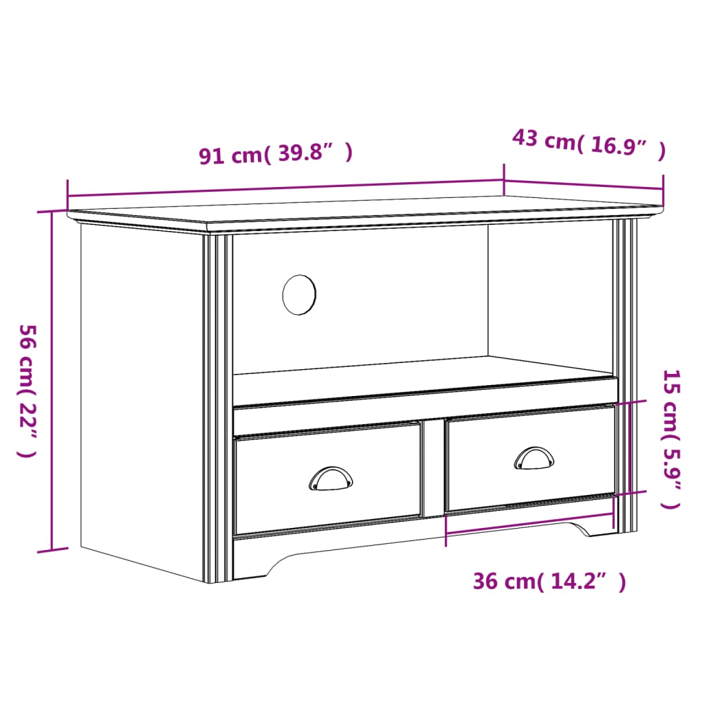 Armário TV c/ 2 gavetas BODO 91x43x56 cm pinho maciço castanho