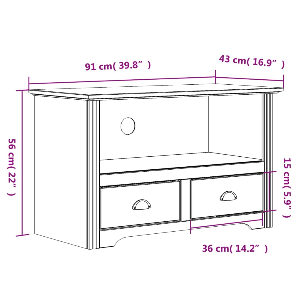 Armário TV c/ 2 gavetas BODO 91x43x56 cm pinho maciço cinzento