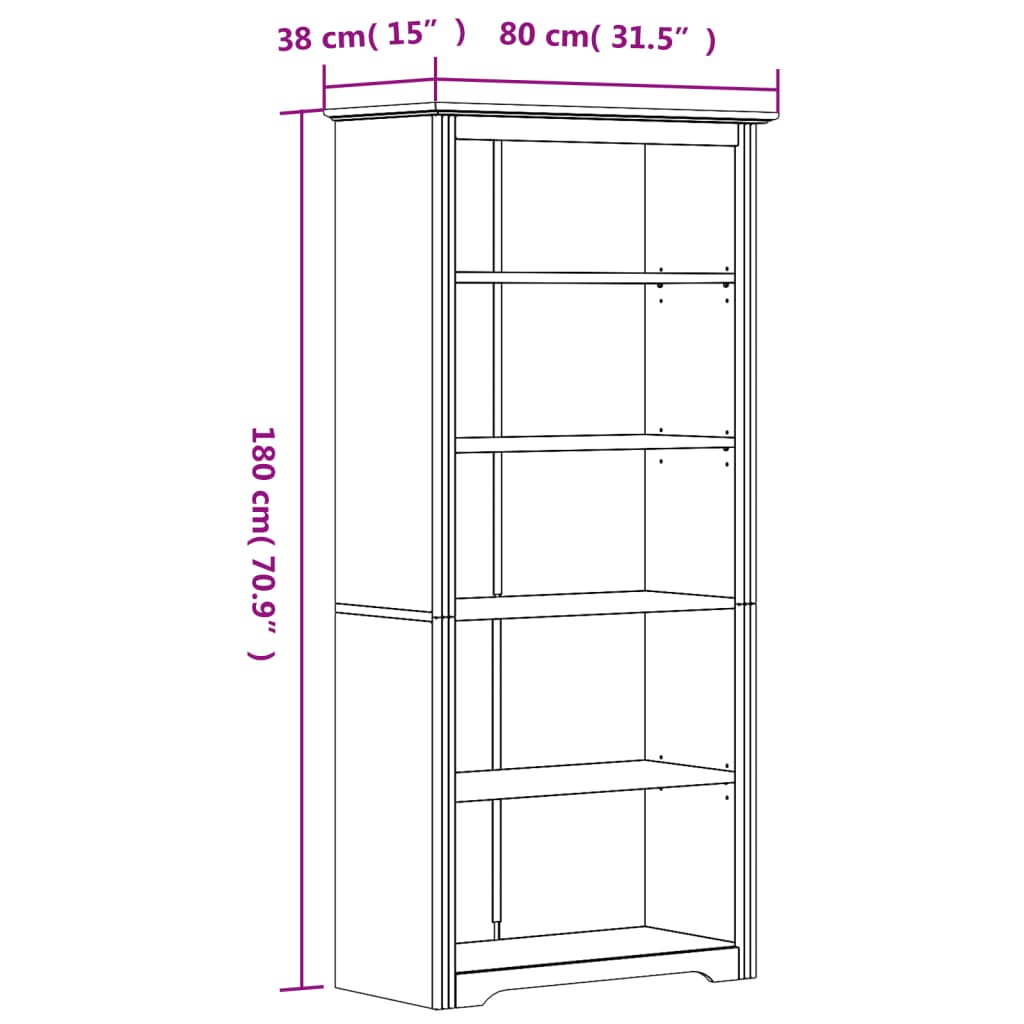 Estante BODO 5 prateleiras 80x38x180 cm pinho maciço castanho