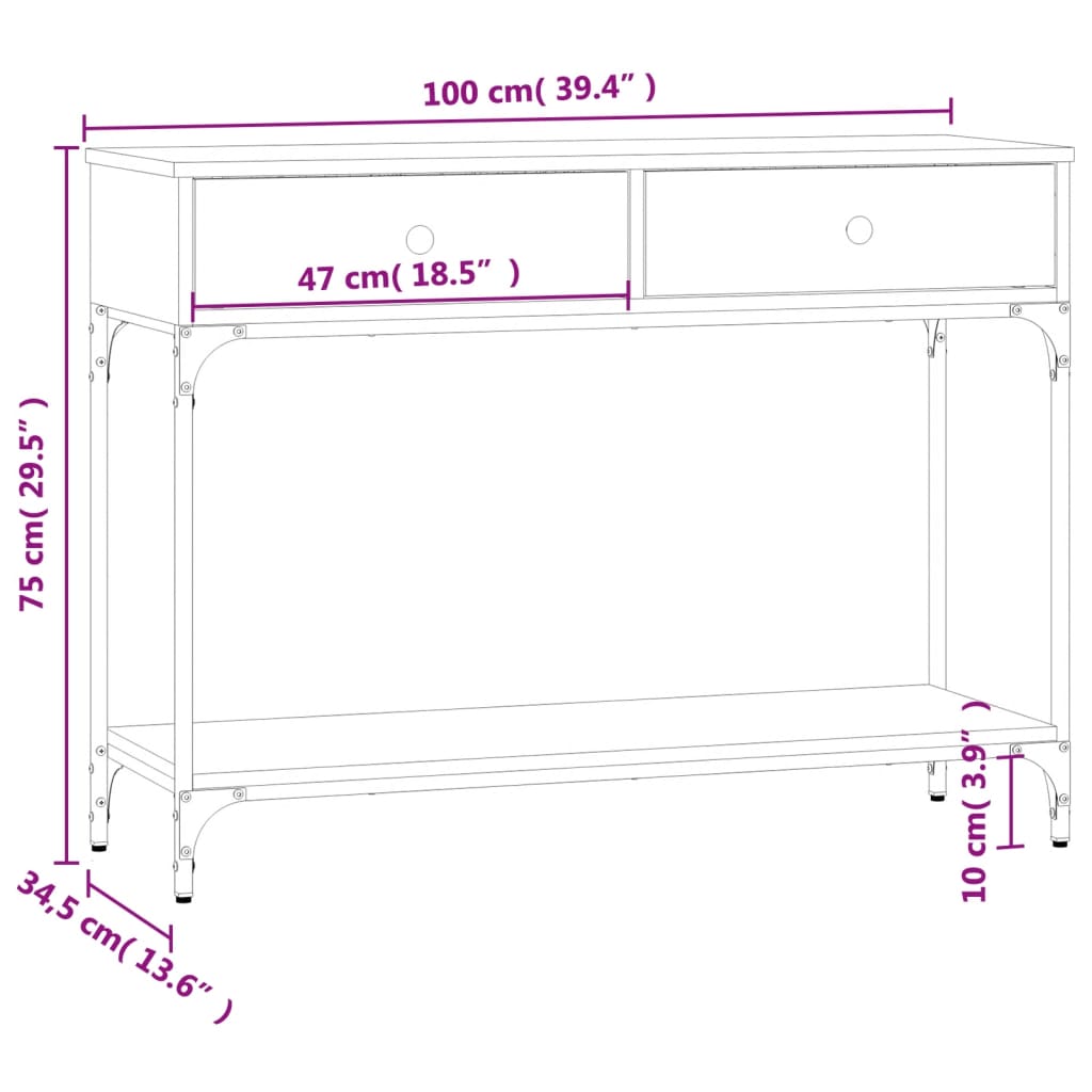 Consola de Entrada Annie - Com 2 Gavetas - 100x34,5x75 cm - Cor Cinzento - Derivados de Madeira com Estrutura de Metal - Design Minimalista