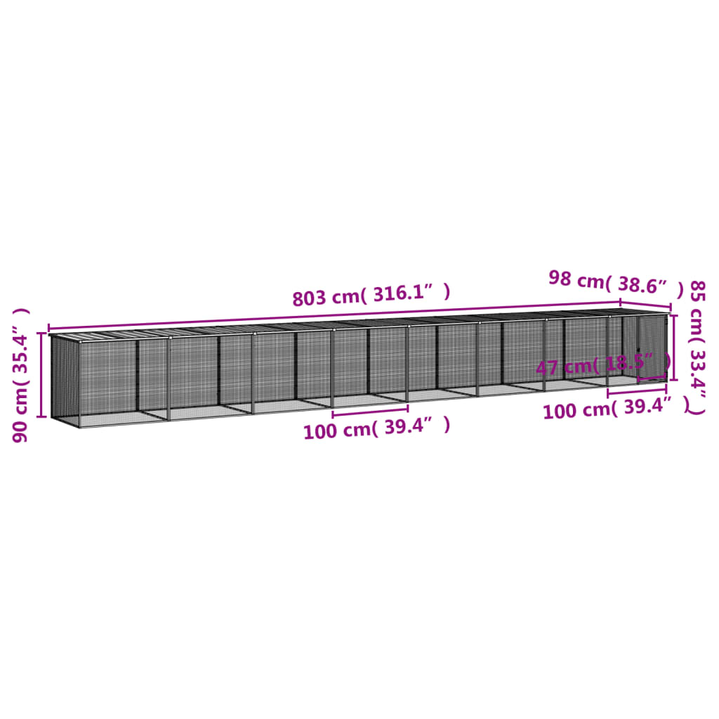 Galinheiro com teto 803x98x90 cm aço galvanizado cinza-claro