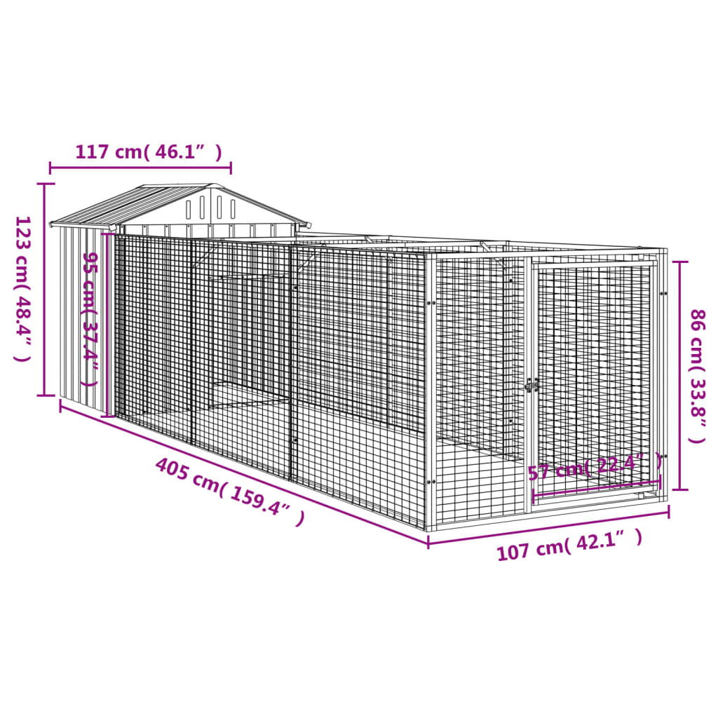 Casota p/ cães c/ telhado 117x405x123cm aço galvaniz. antracite