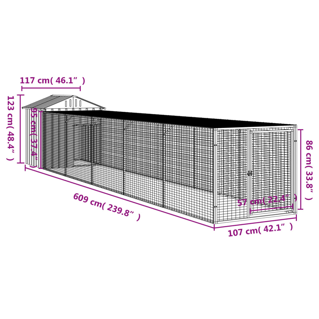 Galinheiro com anexo 117x609x123 cm aço galvanizado cinza-claro