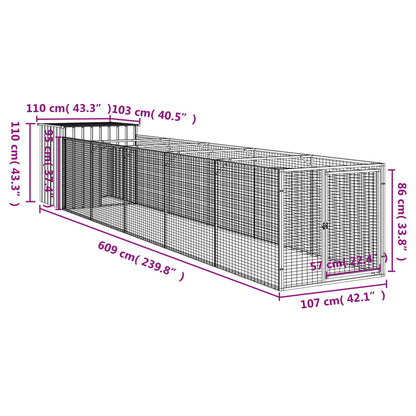 Casota cães c/ parque 110x609x110 cm aço galvaniz. cinza-claro