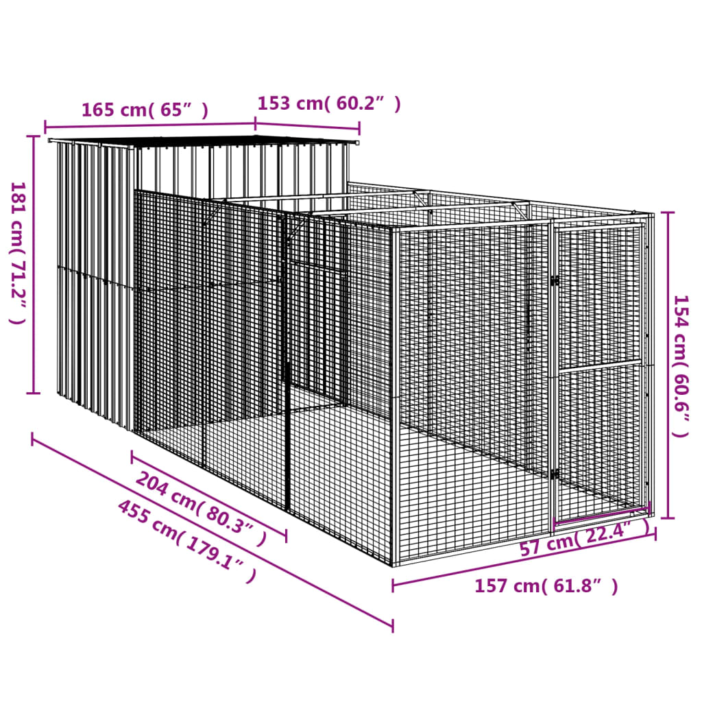 Casota p/ cães c/ parque 165x455x181 cm aço galvaniz. antracite