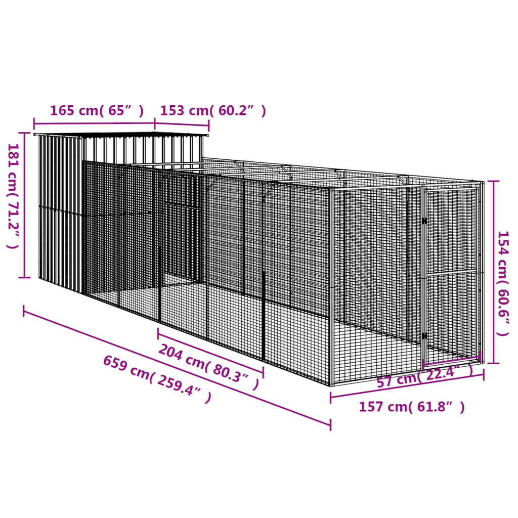 Casota p/ cães c/ parque 165x659x181 cm aço galvaniz. antracite