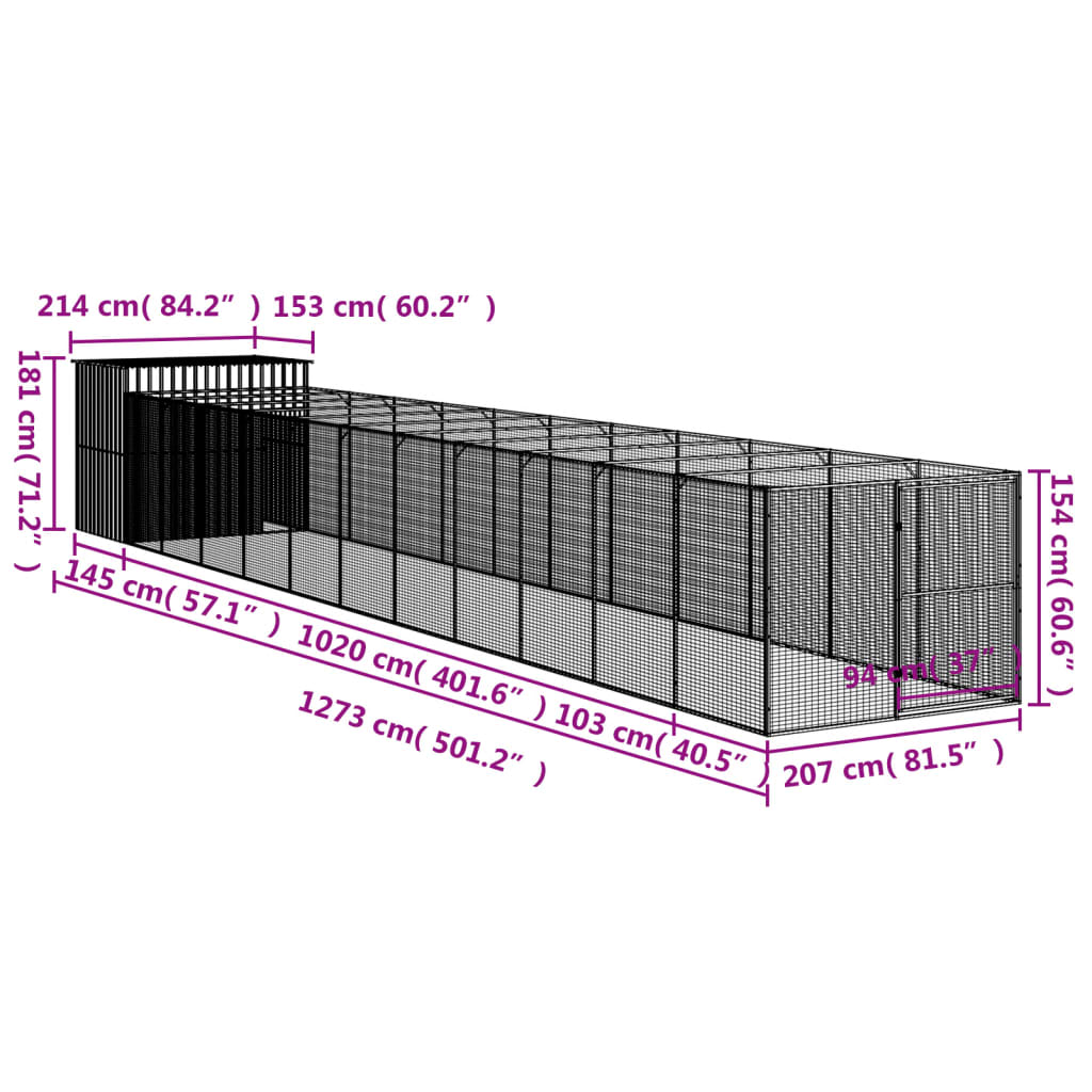 Casota p/ cães c/ parque 214x1273x181cm aço galvaniz. antracite