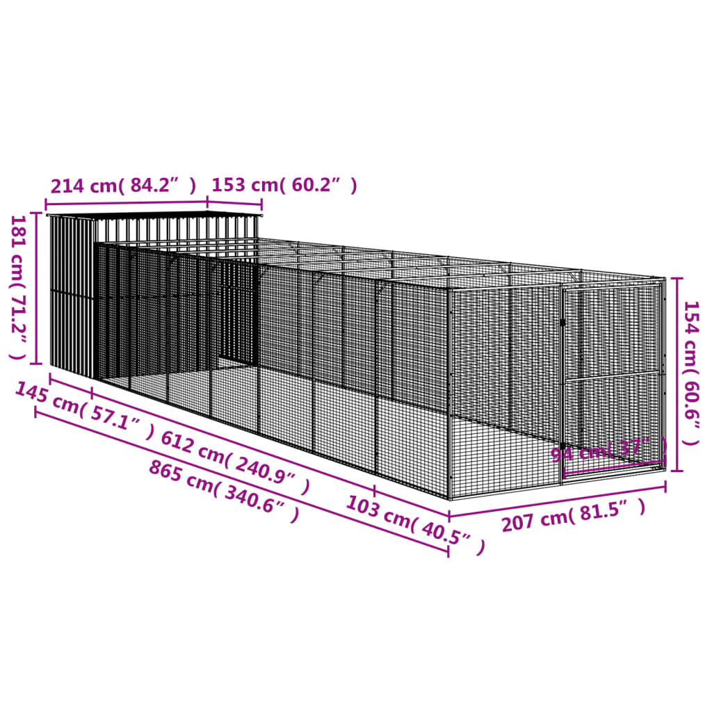 Casota cães c/ parque 214x865x181 cm aço galvaniz. cinza-claro