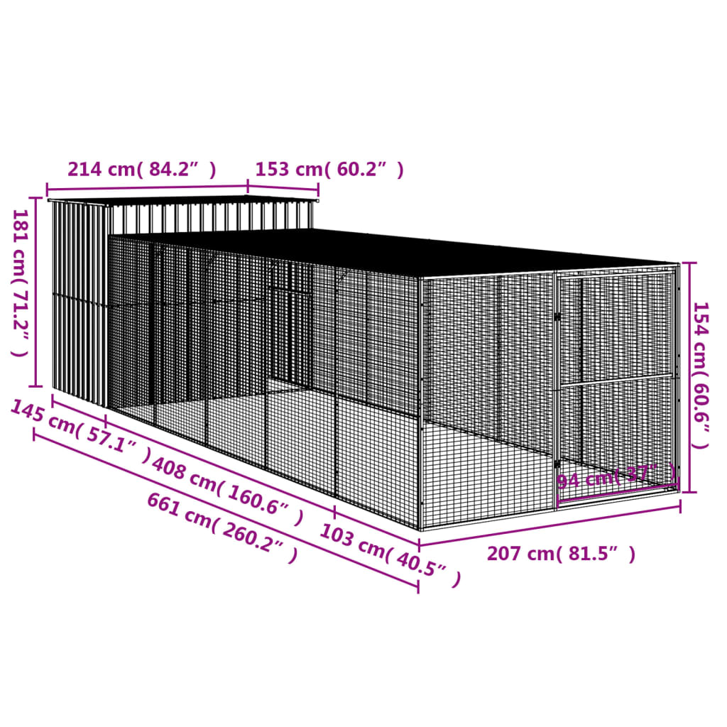 Casota p/ cães c/ parque 214x661x181 cm aço galvaniz. antracite