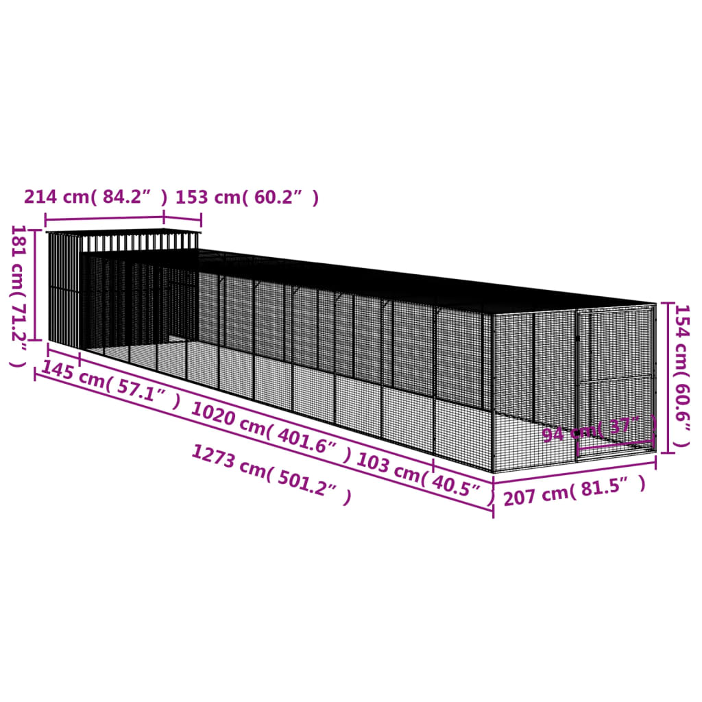 Casota p/ cães c/ parque 214x1273x181cm aço galvaniz. antracite