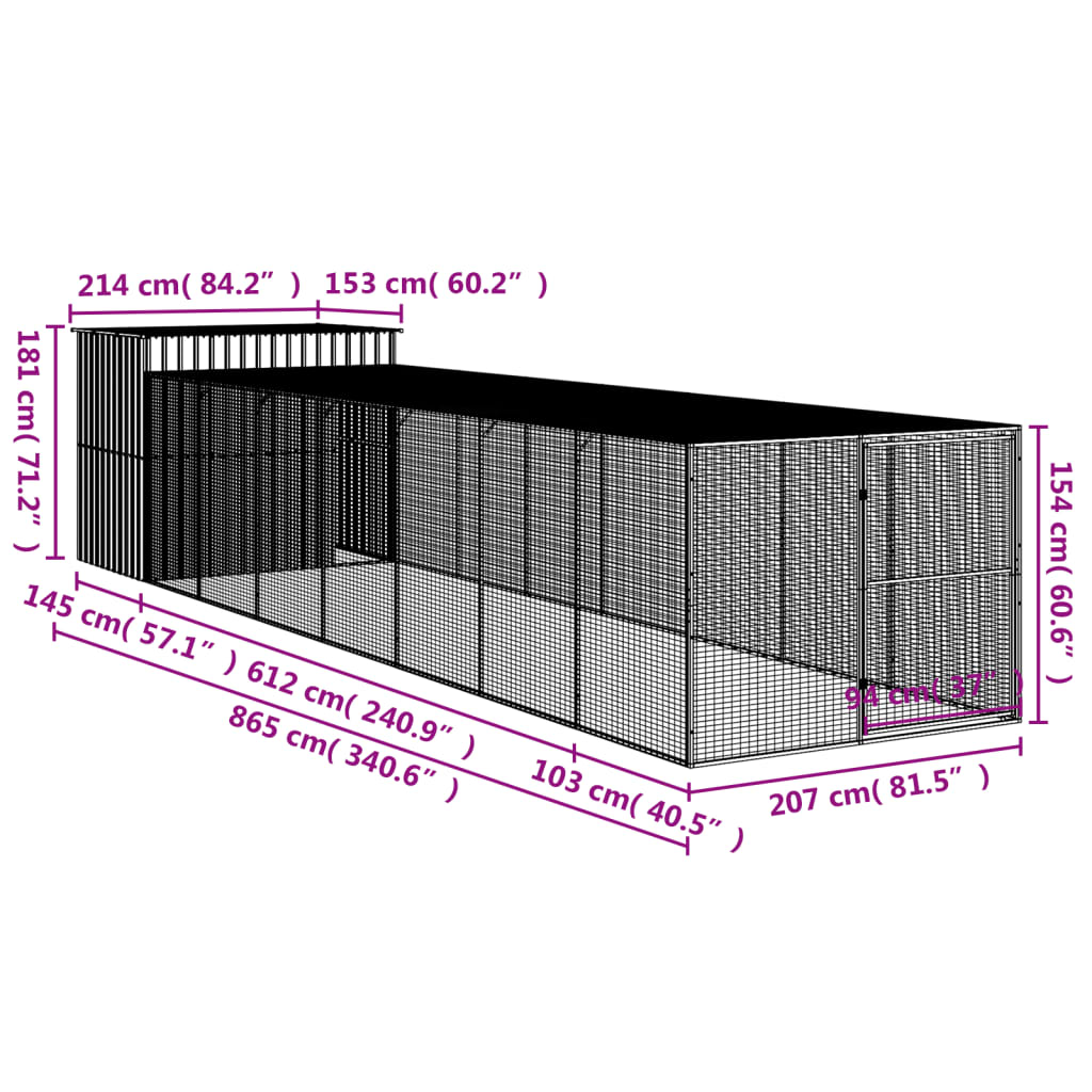 Casota cães c/ parque 214x865x181 cm aço galvaniz. cinza-claro