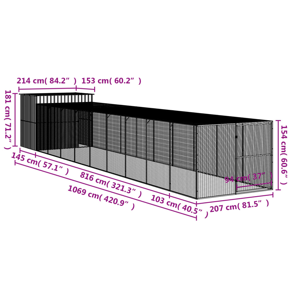 Casota cães c/ parque 214x1069x181 cm aço galvaniz. cinza-claro