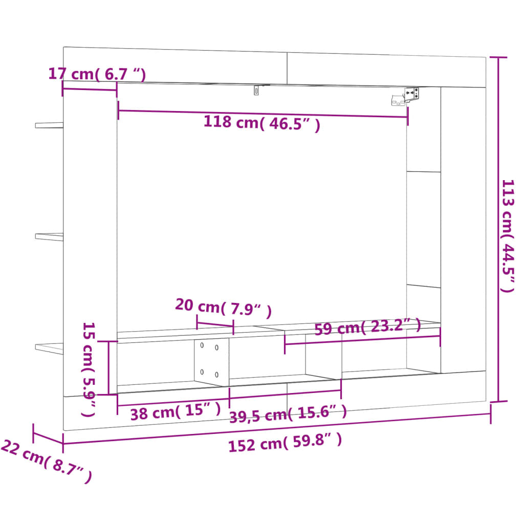 Móvel de TV 152x22x113 cm derivados de madeira cinzento cimento