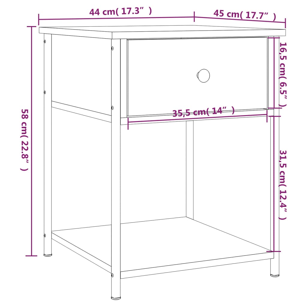 Mesa de cabeceira 44x45x58 cm derivados madeira cinzento sonoma