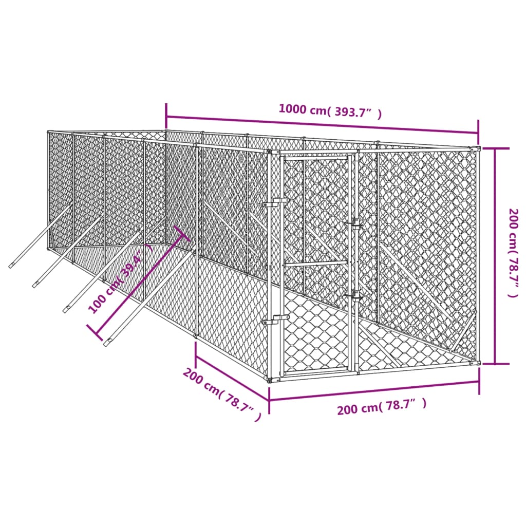 Canil de exterior 2x10x2 m aço galvanizado prateado