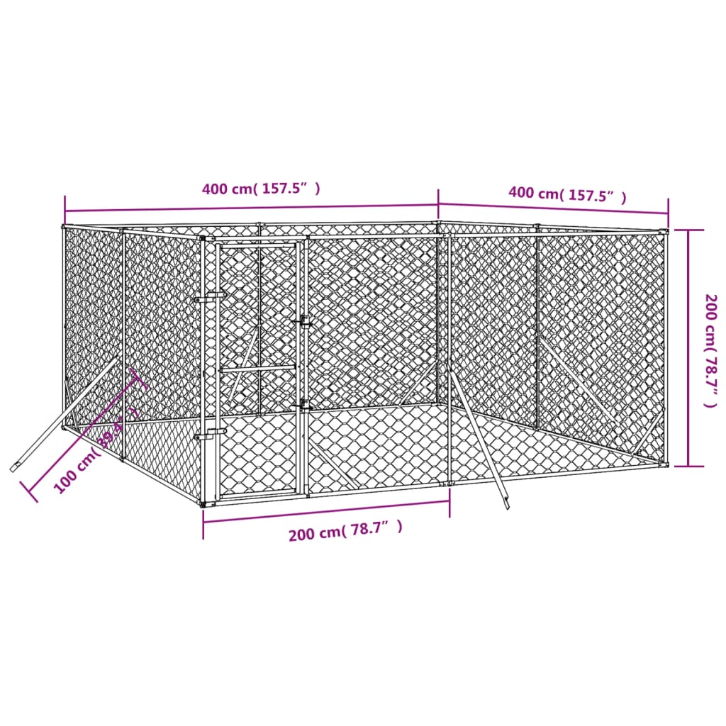 Canil de exterior 4x4x2 m aço galvanizado prateado