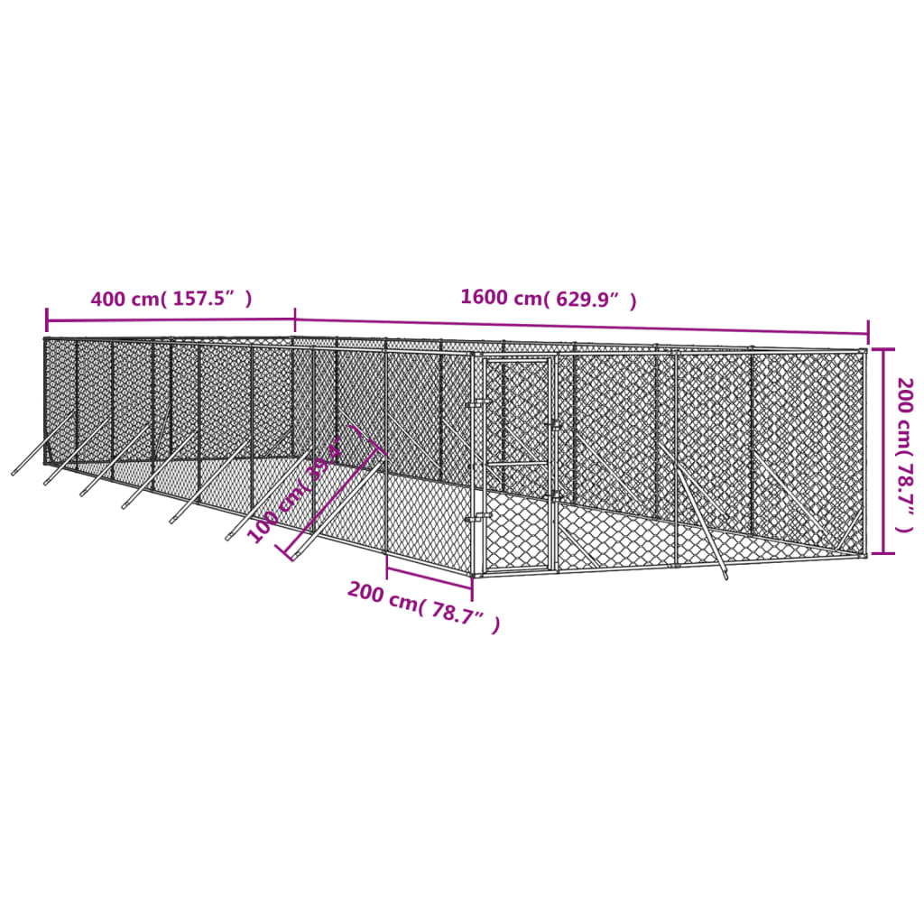 Canil de exterior 4x16x2 m aço galvanizado prateado