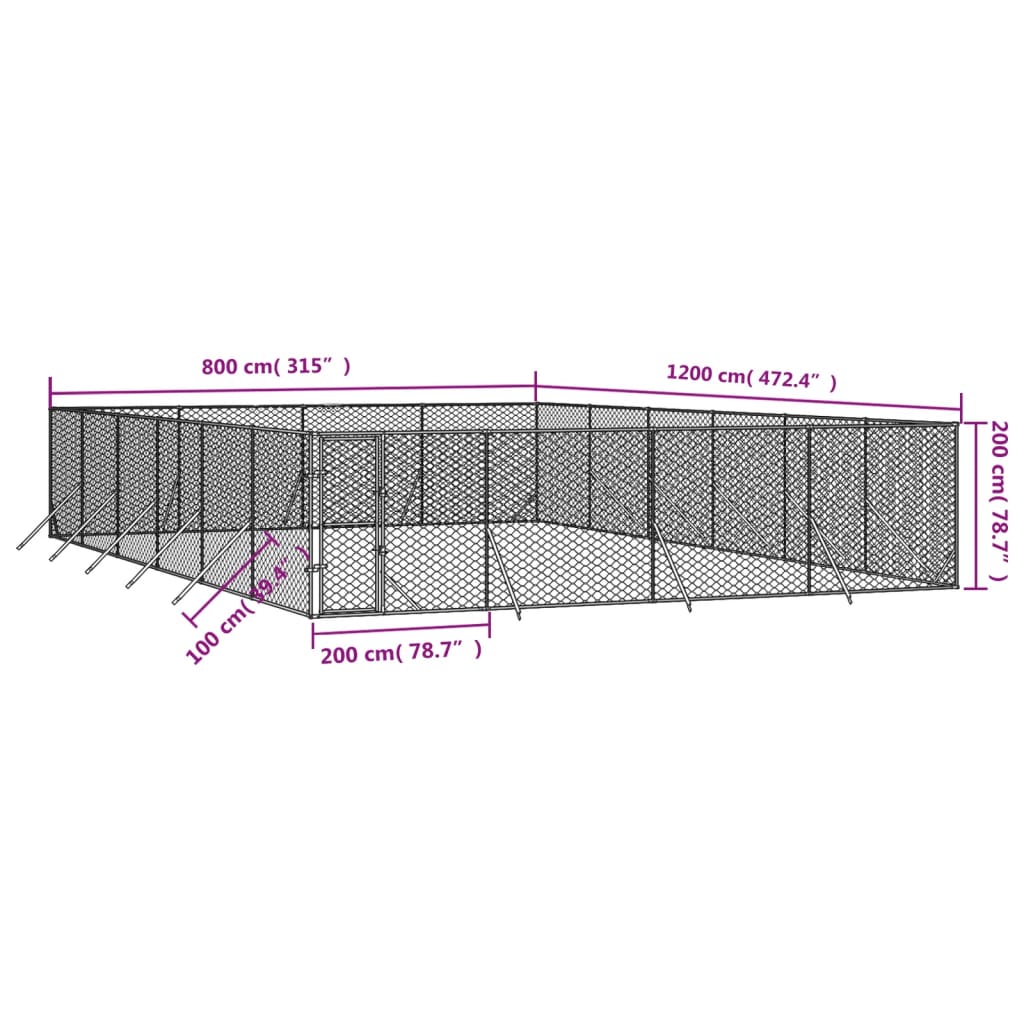 Canil de exterior 8x12x2 m aço galvanizado prateado