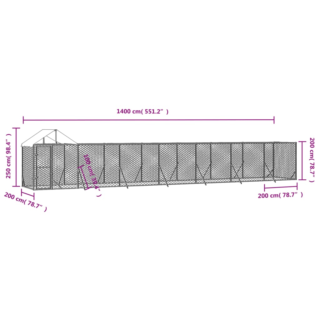 Canil de exterior com teto 14x2x2,5 m aço galvanizado prateado