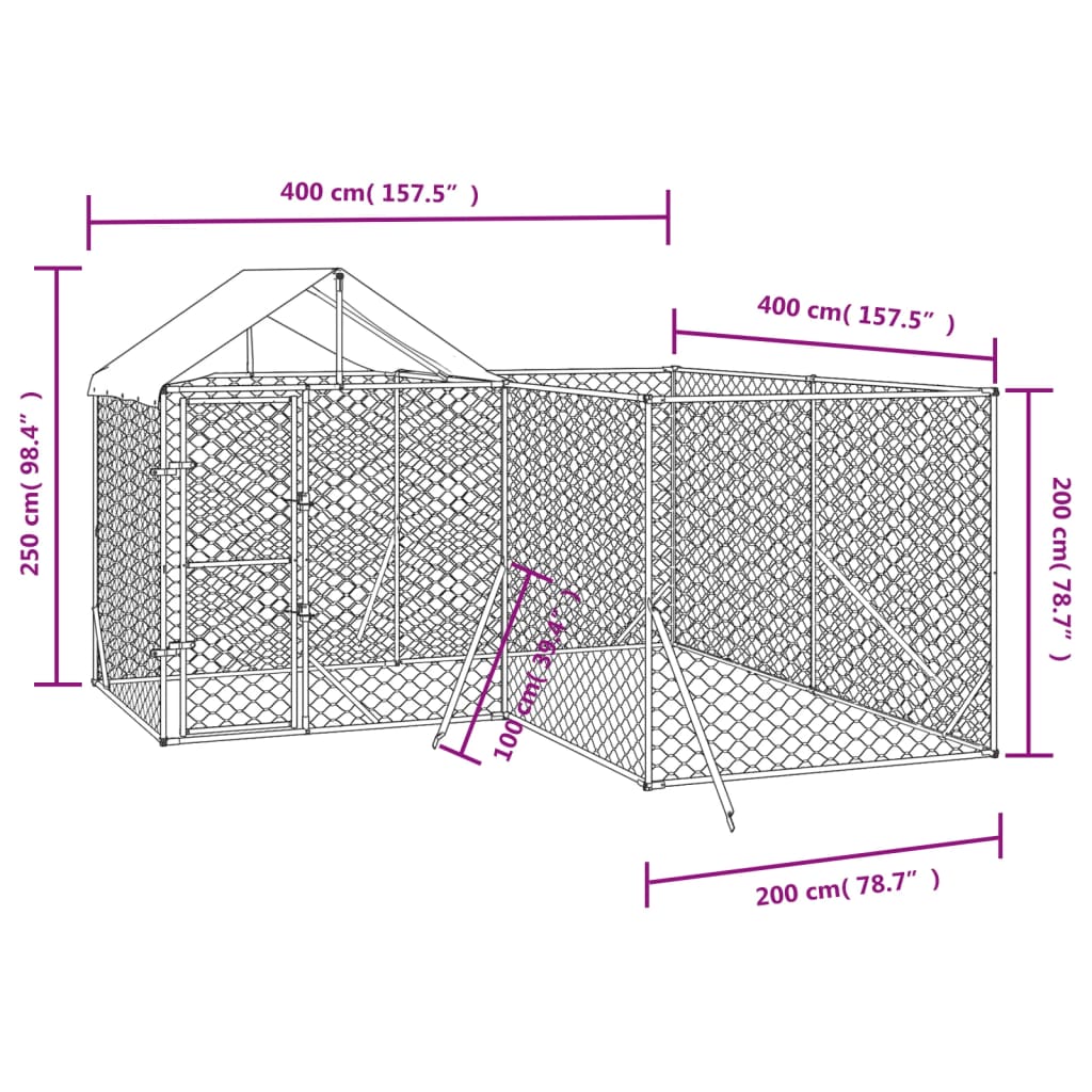 Canil de exterior com teto 4x4x2,5 m aço galvanizado prateado