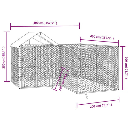 Canil de exterior com teto 4x4x2,5 m aço galvanizado prateado