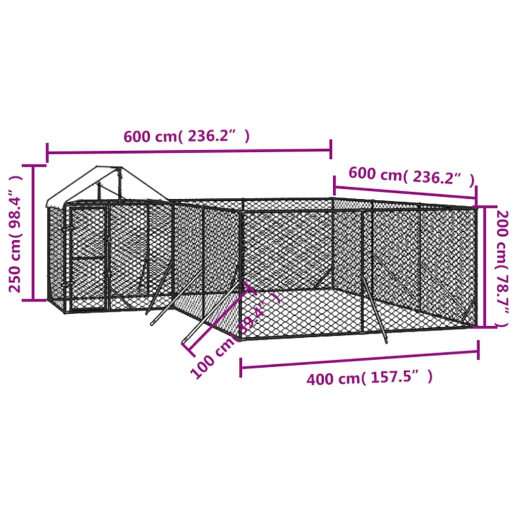 Canil de exterior com teto 6x6x2,5 m aço galvanizado prateado