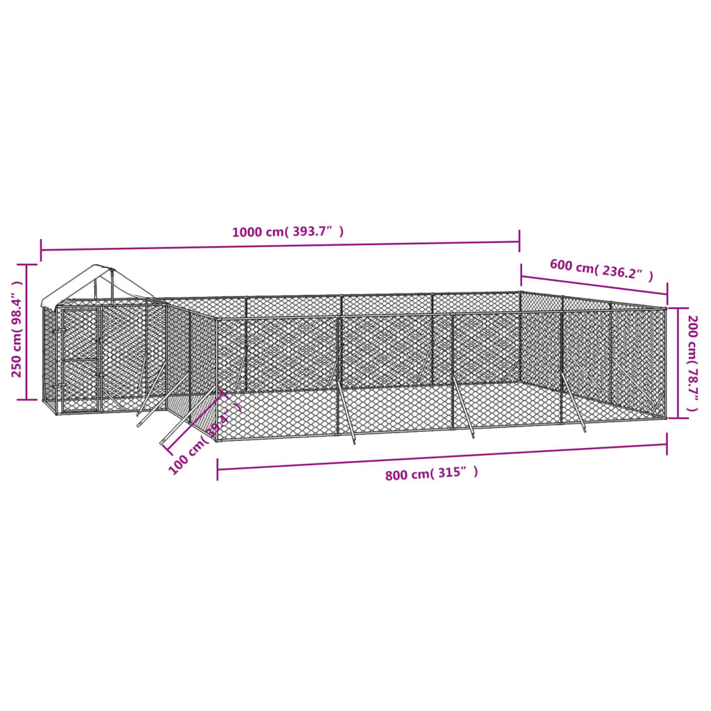 Canil de exterior com teto 10x6x2,5 m aço galvanizado prateado