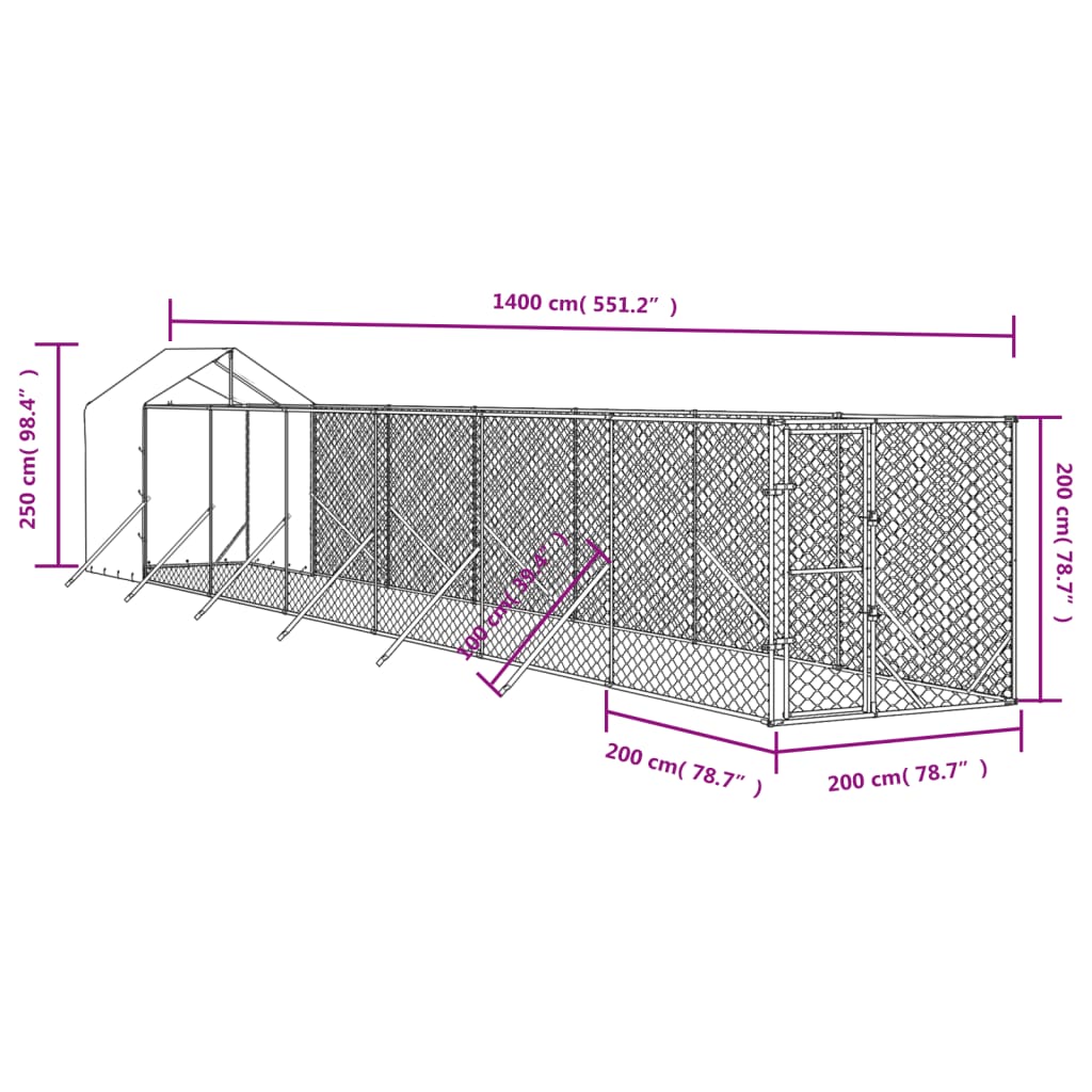 Canil de exterior com teto 2x14x2,5 m aço galvanizado prateado