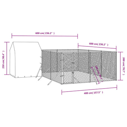 Canil de exterior com teto 6x6x2,5 m aço galvanizado prateado