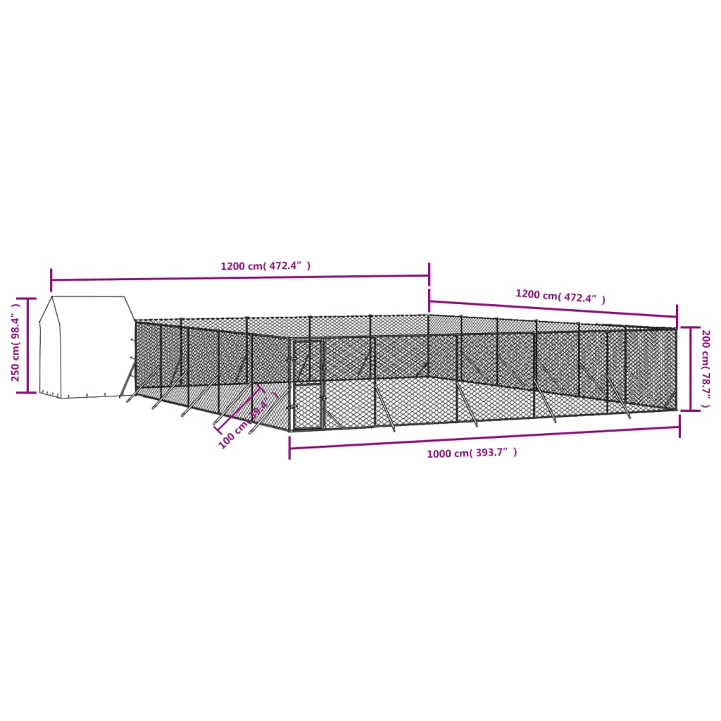 Canil de exterior com teto 12x12x2,5 m aço galvanizado prateado