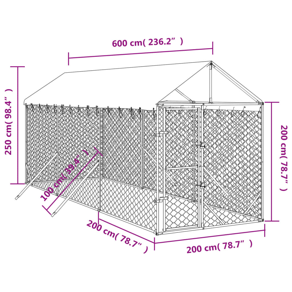 Canil de exterior com teto 2x6x2,5 m aço galvanizado prateado