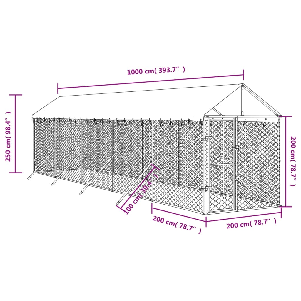 Canil de exterior com teto 2x10x2,5 m aço galvanizado prateado