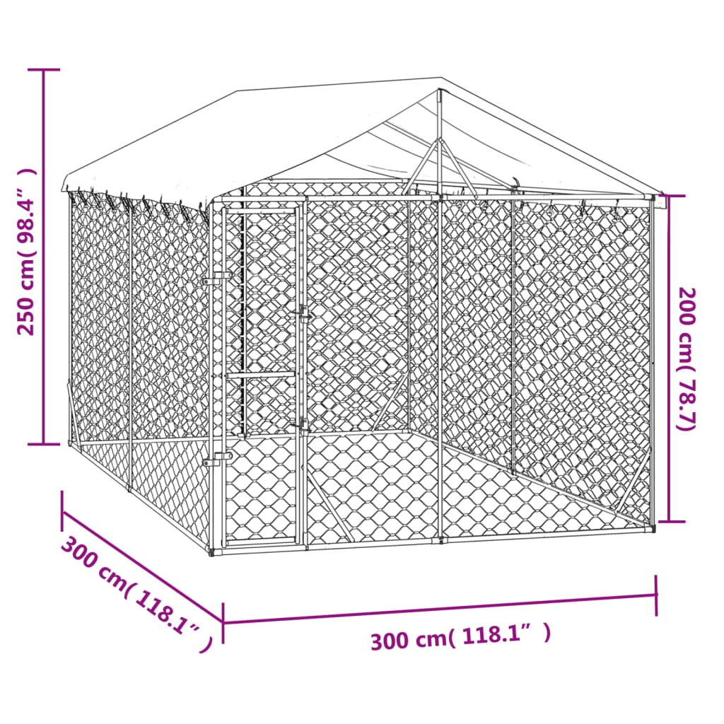 Canil de exterior com teto 3x3x2,5 m aço galvanizado prateado