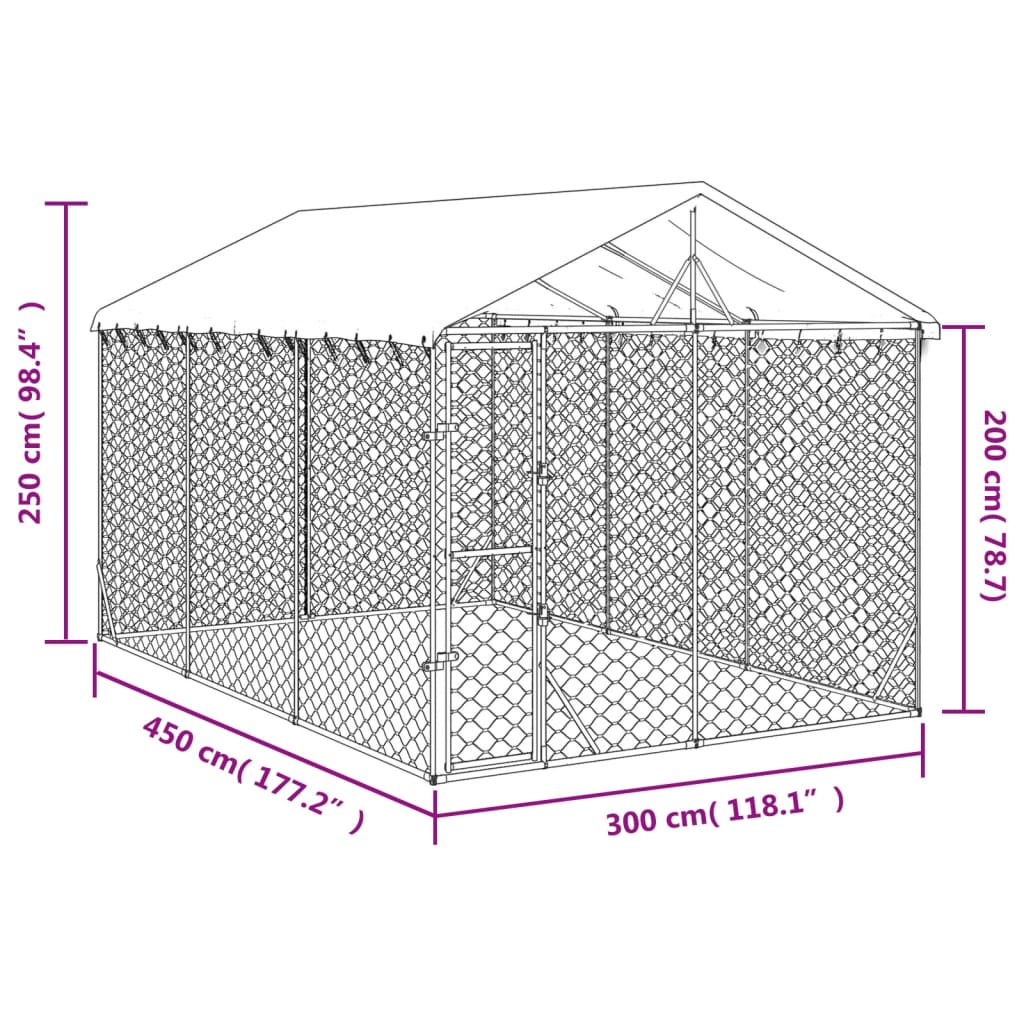 Canil de exterior com teto 3x4,5x2,5 m aço galvanizado prateado