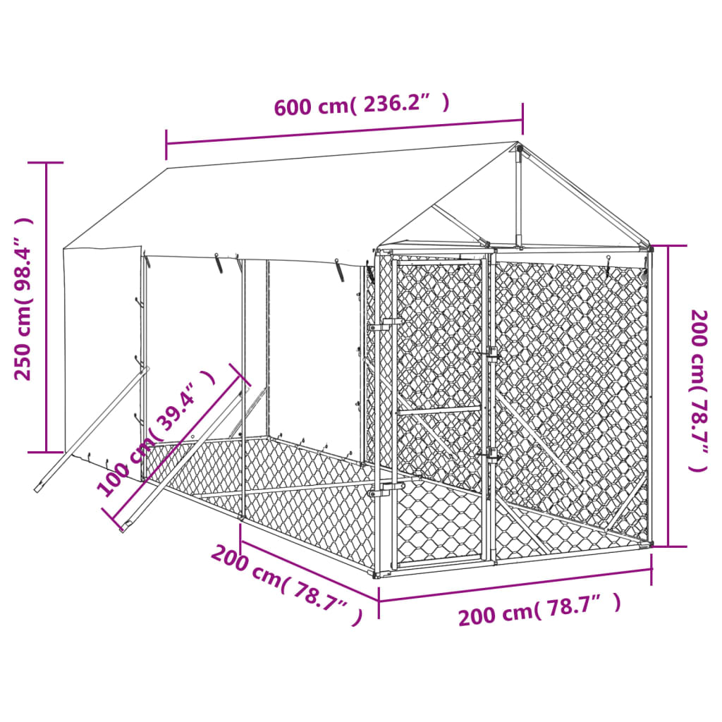 Canil de exterior com teto 2x6x2,5 m aço galvanizado prateado